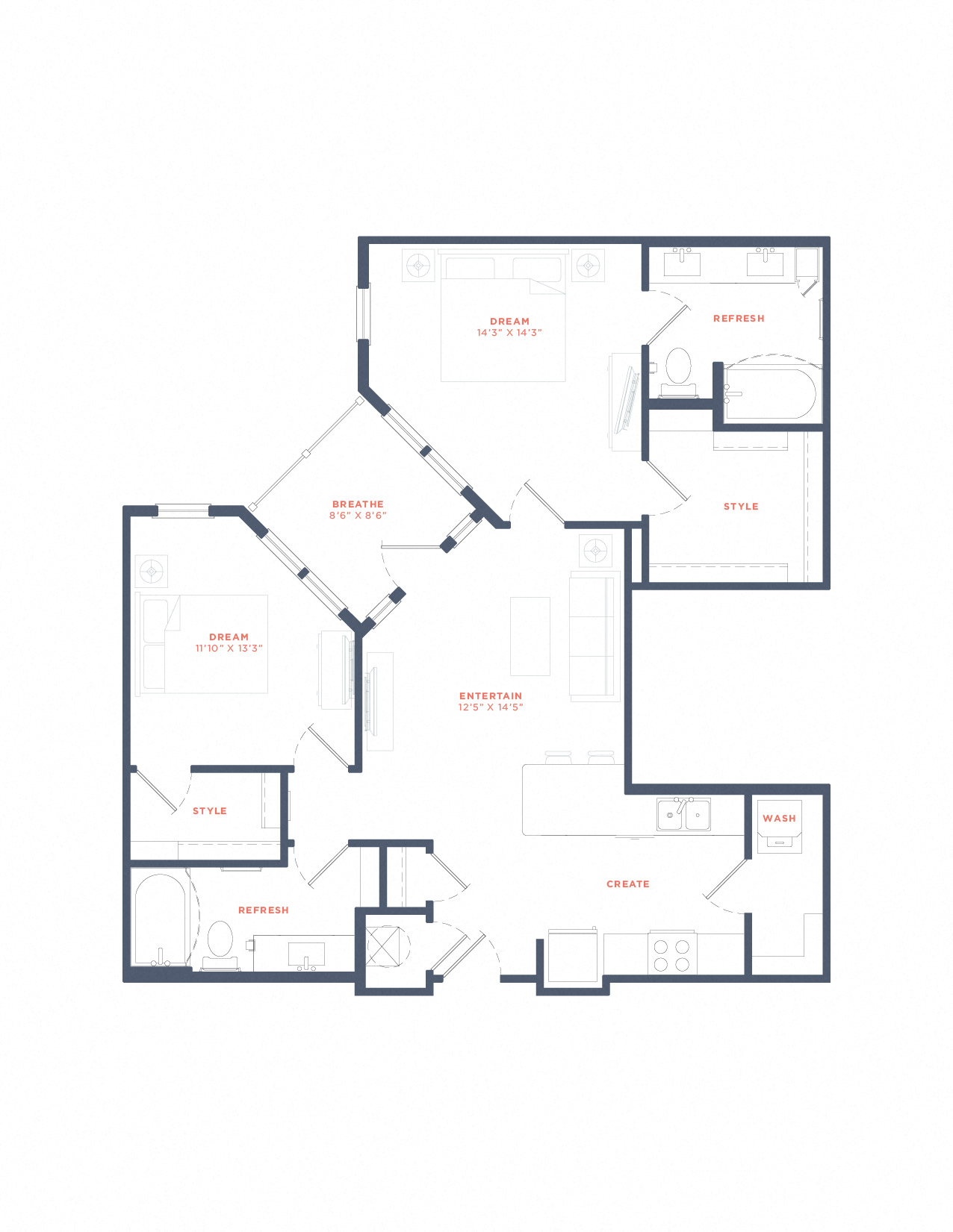 Floor plan for 2 beds, 2 baths, 1052 sqft